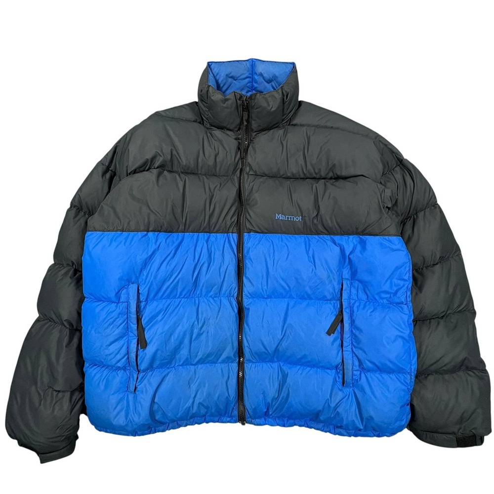 Marmot Goose Down Puffer Jacket Mens XL Blue Black Quilted Winter Coat 5635